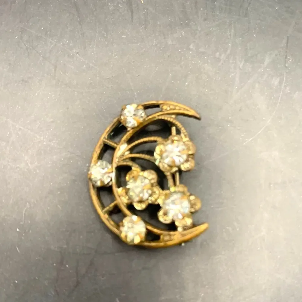 Vintage Rhinestone Moon Pin Brooch
